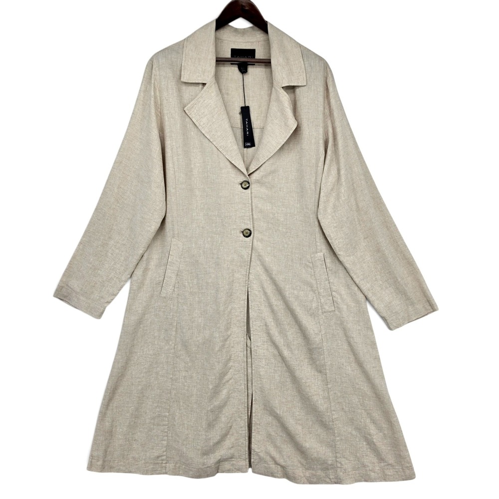 Tahari Linen Blend Duster Coat L Beige Minimalist Quiet Luxury Long Jacket NWT